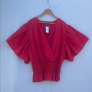 Ashley Stewart Women’s Top, size 26/28, red, smocked waist with flutter‎ sleeves
